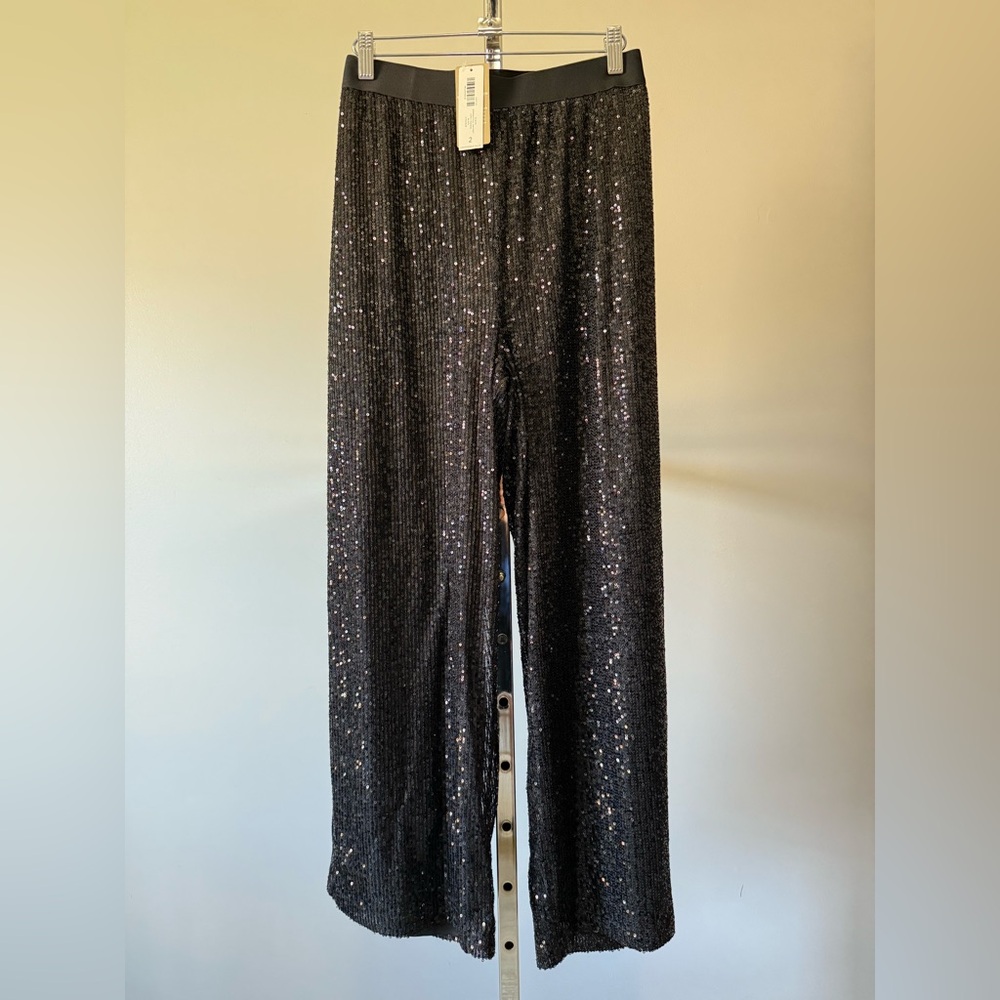 Chico’s NWT Black Sequin Shimmer Pull On Ankle Wide Leg Party Pants 2